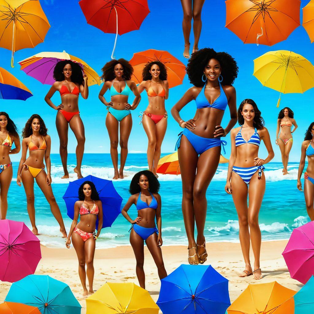 A vibrant beach scene showcasing diverse women of various ethnicities modeling the latest bikini styles: high-waisted, sporty, and cut-out designs. Include elements like colorful beach umbrellas, a sparkling ocean in the background, and beachgoers enjoying the sun. Capture the essence of summer fun and fashion. bright colors. super-realistic. tropical setting.
