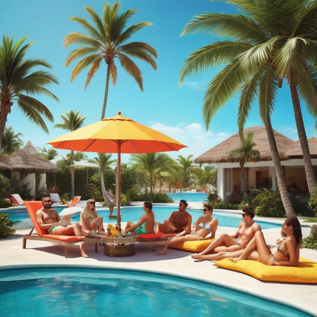 A sun-kissed beach scene featuring a diverse group of stylish individuals showcasing vibrant and trendy swimwear. Include colorful beach umbrellas, tropical palm trees, and a sparkling pool in the background with refreshing cocktails on a table. Emphasize fashion, fun, and a relaxed summer vibe with everyone laughing and enjoying the sun. bright colors. tropical theme. super-realistic.